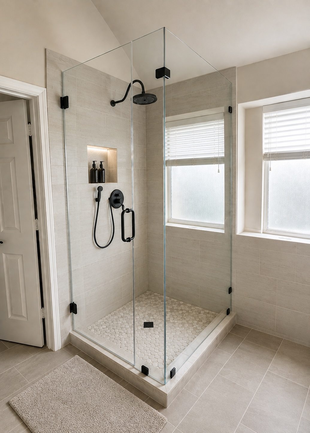 Frameless corner shower enclosure with matte black fittings and a lit recessed niche