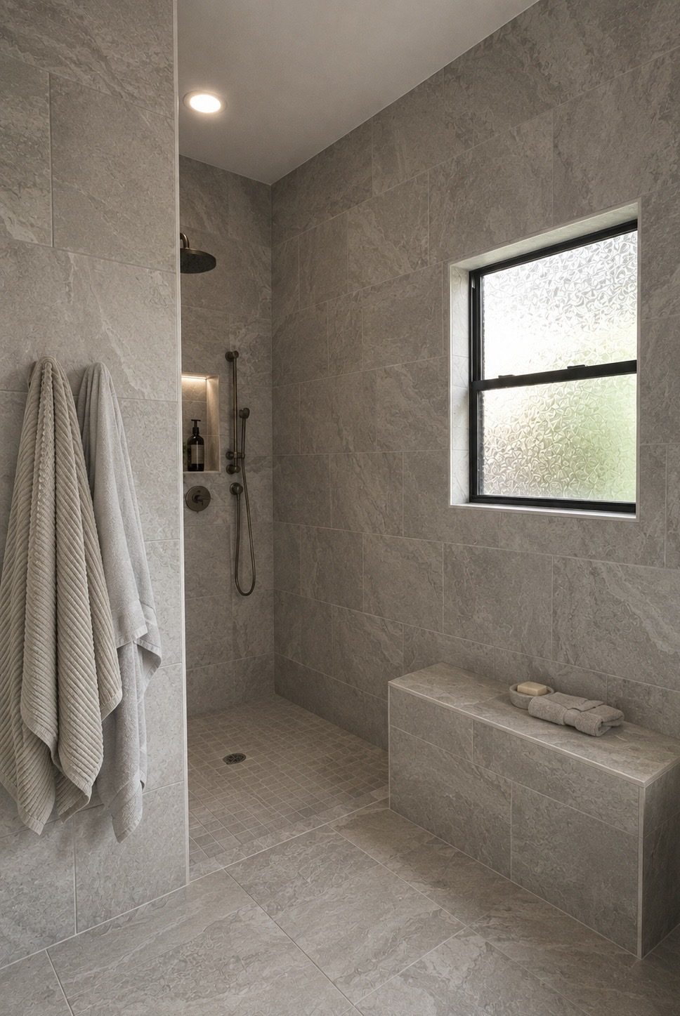 Curbless walk-in wet room clad in large-format greige porcelain with a built-in bench and matte black fixtures
